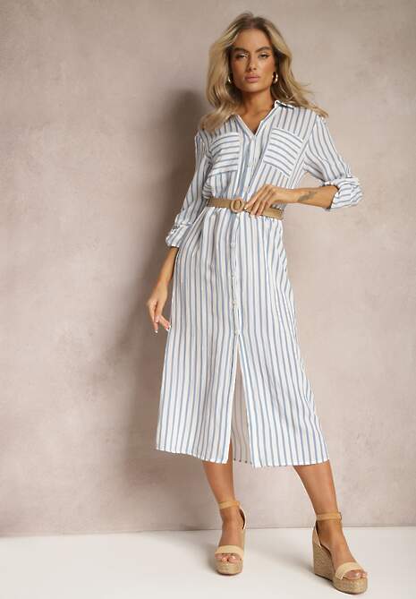 Biało-Niebieska Koszulowa Sukienka Midi w Paski z Lnem i Jasnym Plecionym Paskiem Efordia