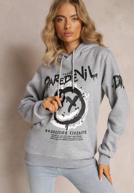 Jasnoszara Bluza z Polarem i Nadrukiem Thalindra