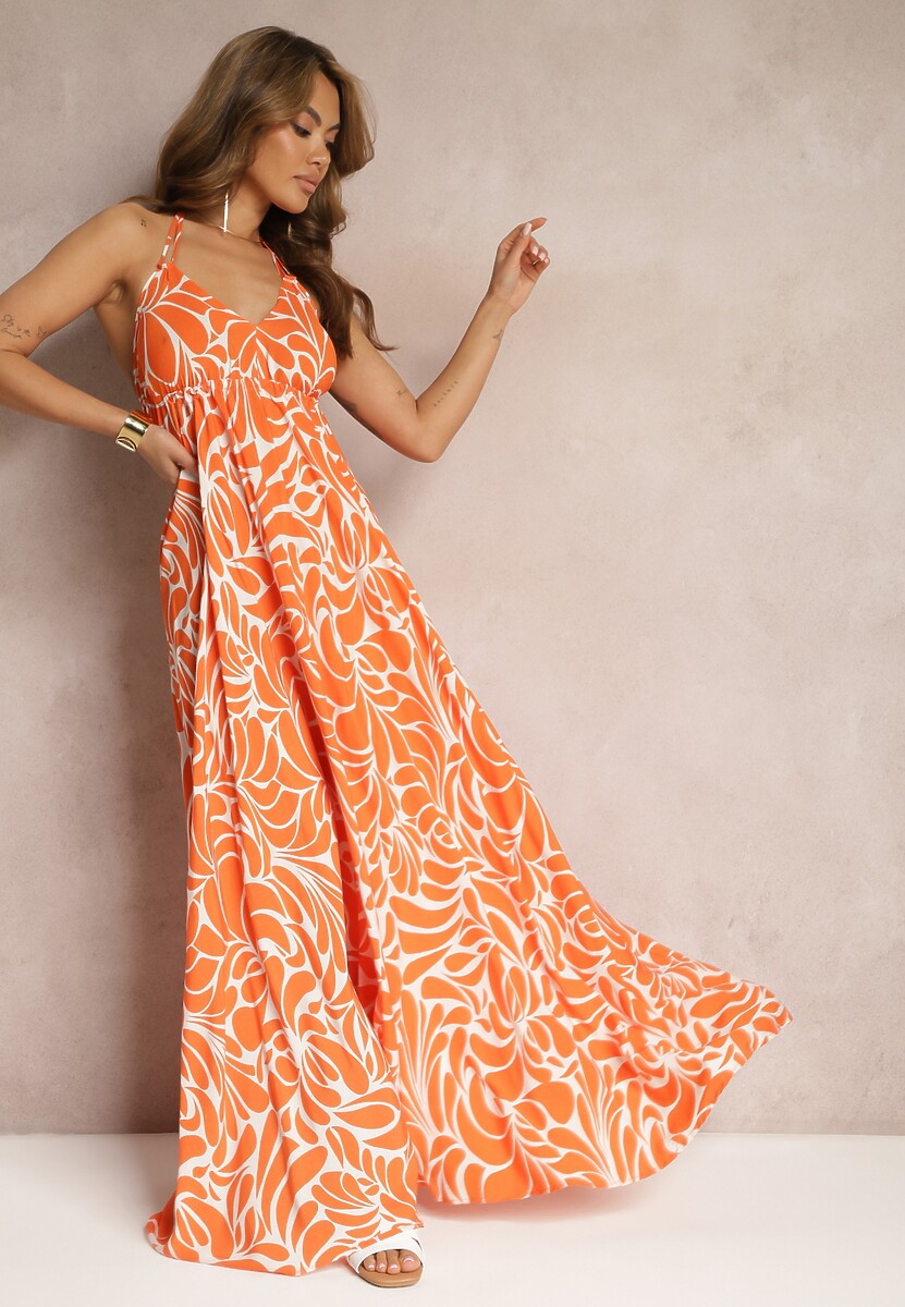 Pomarańczowa Rozkloszowana Sukienka Wiązana na Plecach z Wiskozy Wiasara