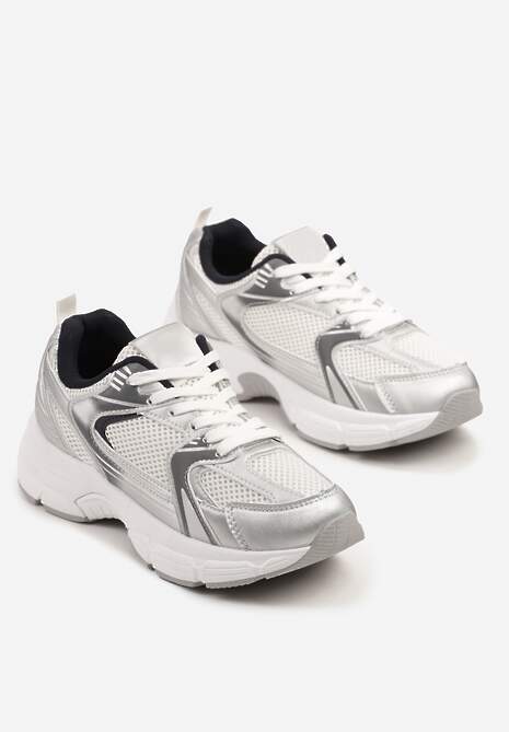 Biało-Srebrne Sneakersy na Grubej Podeszwie z Cholewką z Siateczką Zollexia
