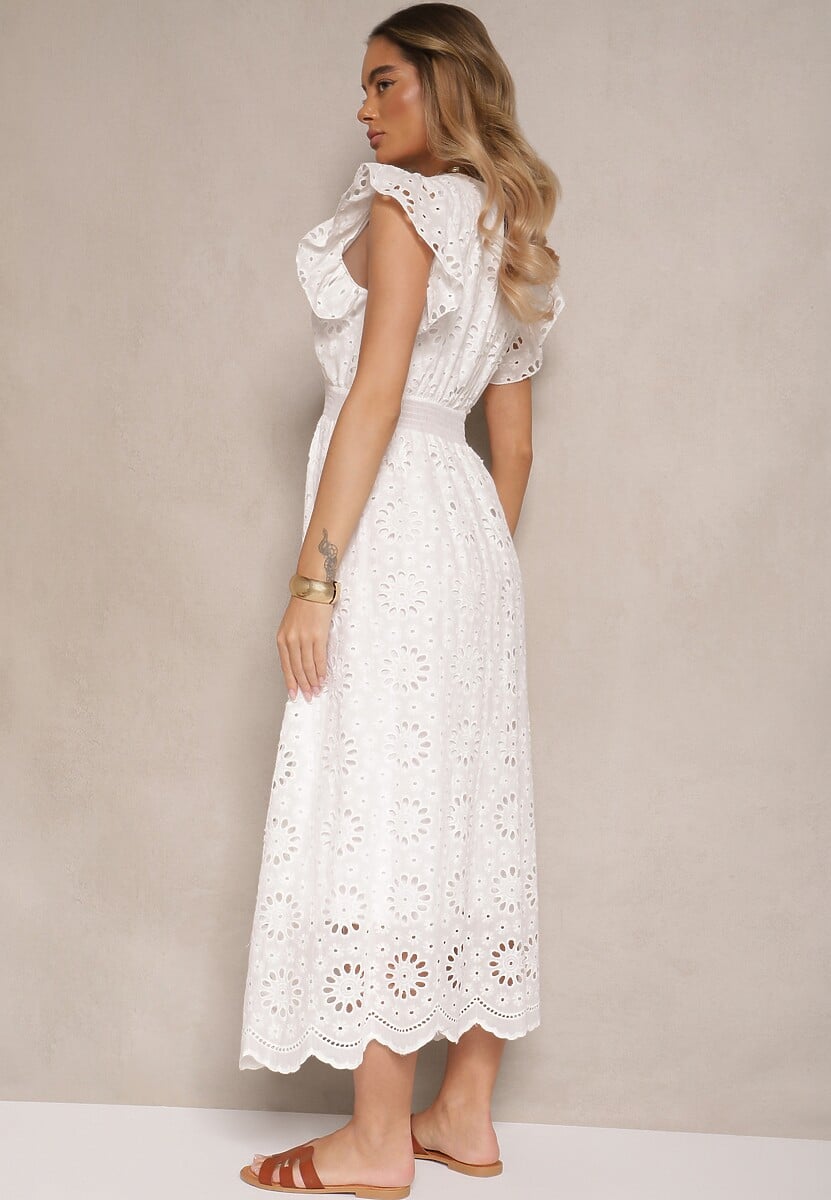 Biała Kopertowa Sukienka Ażurowa z Bufiastymi Rękawami Ldivaya