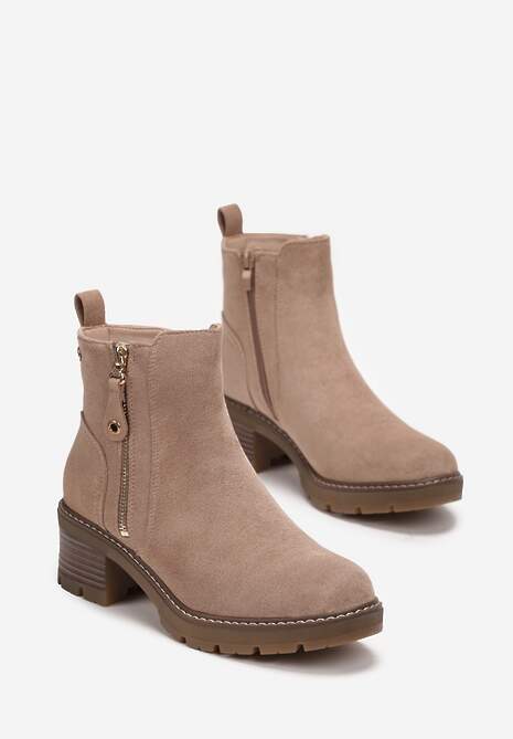 Ciemnobeżowe Botki na Słupku z Ozdobnym Zamkiem Recusson