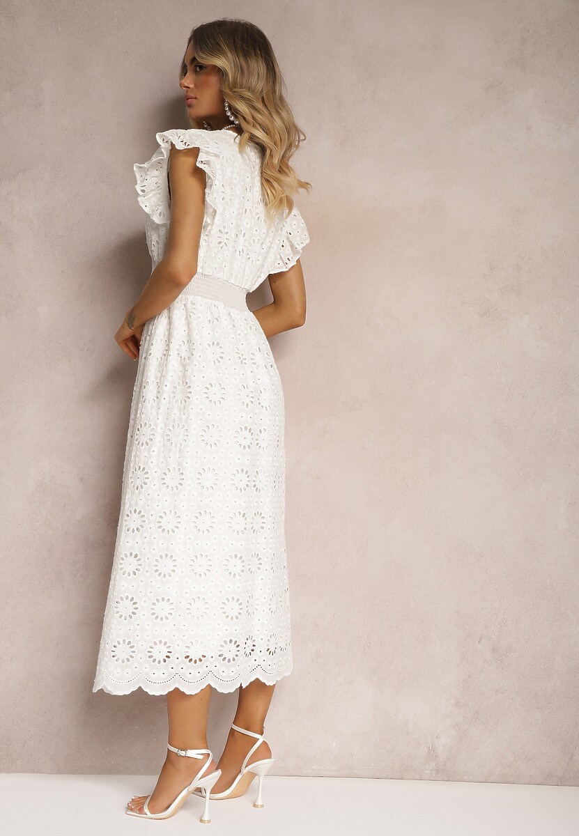 Biała Rozkloszowana Sukienka z Bawełny Ozdobiona Ażurowym Wzorem i Gumką w Talii Elafrea