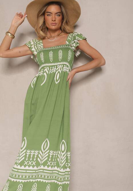 Zielona Wiskozowa Sukienka Rozkloszowana w Ornamentalny Wzór Lisaretia