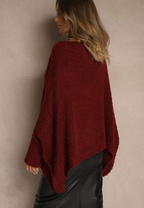 Bordowy Luźny Sweter Dzianinowy w Stylu Ponczo Nattava