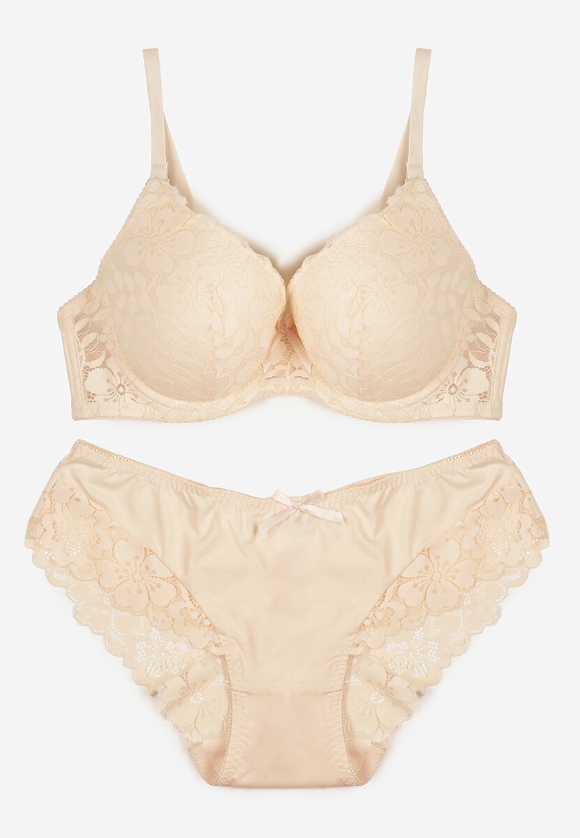 Jasnobeżowy Koronkowy Komplet Majtki Figi i Biustonosz Eziselle