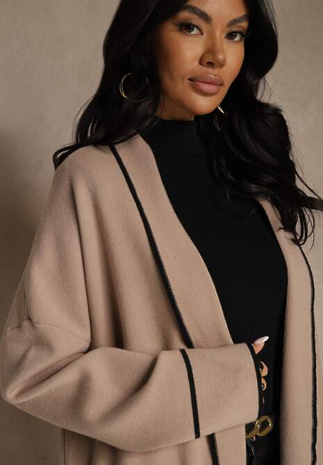 Beżowy Niezapinany Kardigan o Długim Kroju z Lamówką Venisse