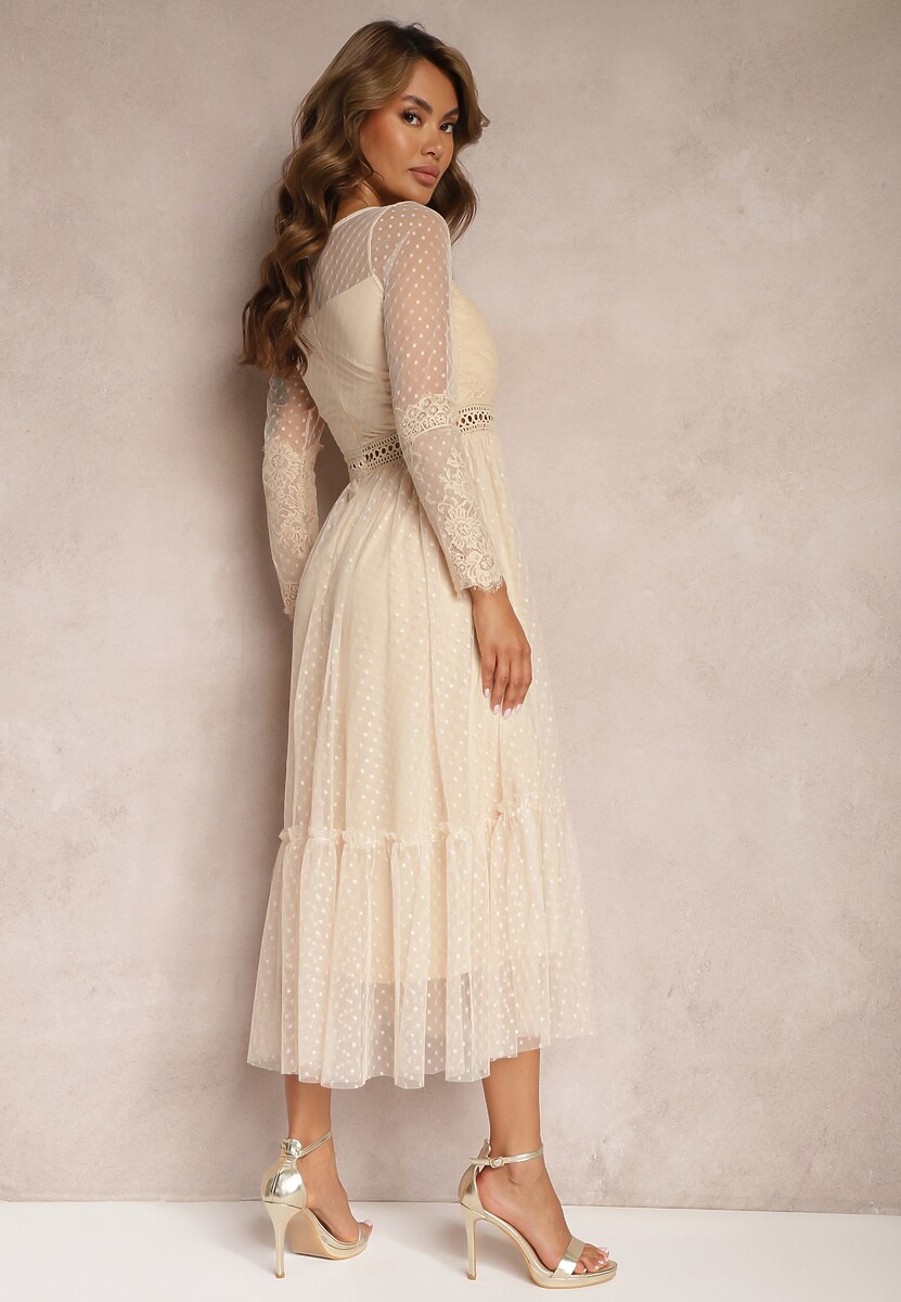 Ciemnobeżowa Rozkloszowana Sukienka Maxi z Koronkowymi Wstawkami i Tiulem Kollla