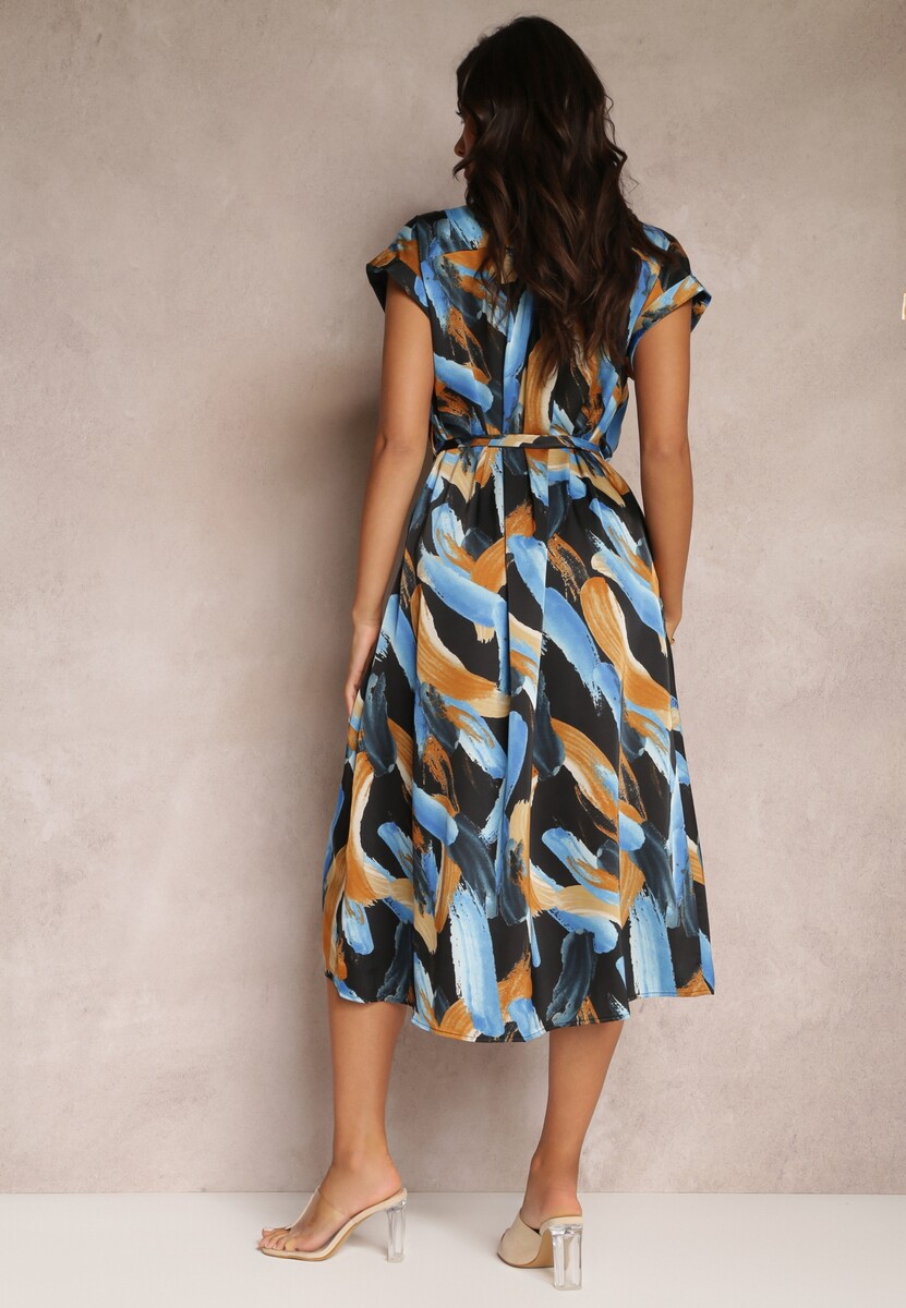 Czarno-Niebieska Wzorzysta Sukienka Midi z Kołnierzem i Materiałowym Paskiem Jenica