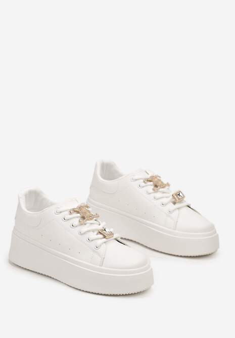 Białe Sneakersy na Platformie Ozdobione Cyrkoniami i Aplikacjami na Sznurówkach Arretea