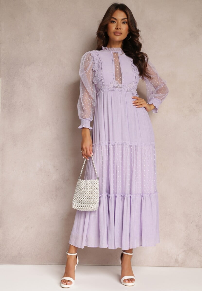 Fioletowa Sukienka z Bufiastym Rękawem Ozdobiona Tiulowymi Wstawkami Laluna