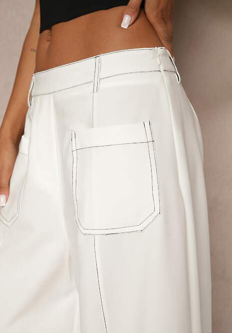 Białe Szerokie Spodnie High Waist z Wiskozą z Ozdobnymi Przeszyciami Linadia