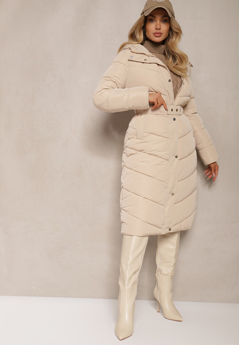 Jasnobeżowa Długa Kurtka Pikowana z Kapturem i Paskiem Verrina