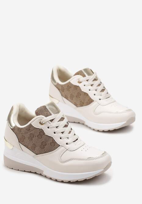 Beżowe Sneakersy na Koturnie z Metaliczną Wstawką Derine