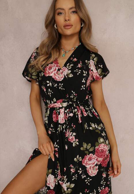 Czarna Sukienka w Kwiaty o Kopertowym Kroju z Wiązanym Paskiem Iphene