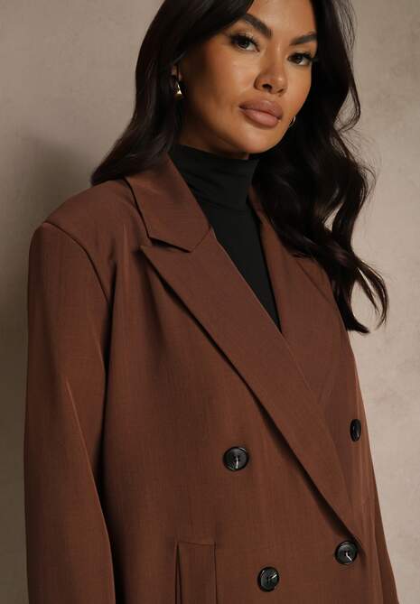 Brązowa Marynarka Dwurzędowa o Przedłużonym Fasonie Pilinne