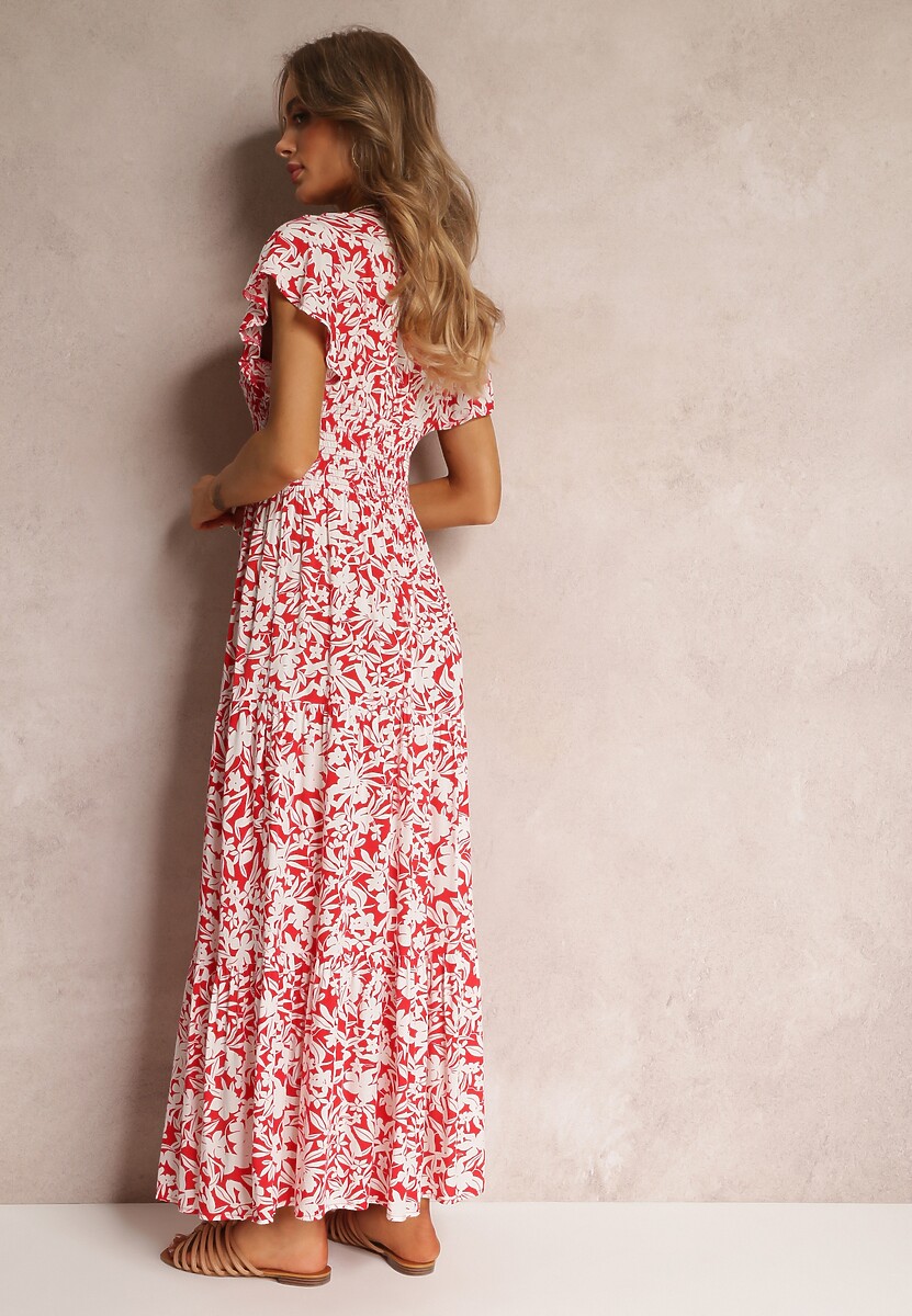 Czerwono-Biała Wiskozowa Sukienka Maxi z Gumką w Talii i Falbankami Maethia
