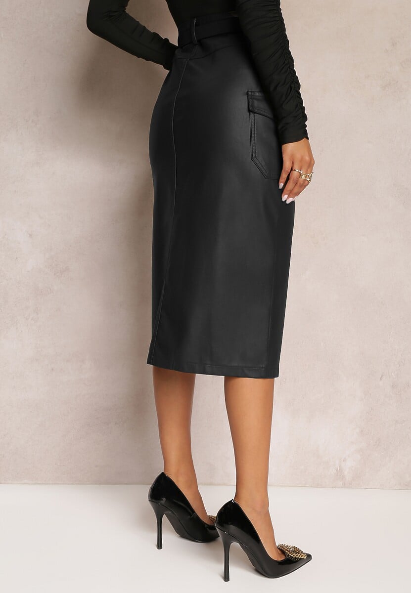 Czarna Ołówkowa Spódnica Cargo z Paskiem z Imitacji Skóry Avimos