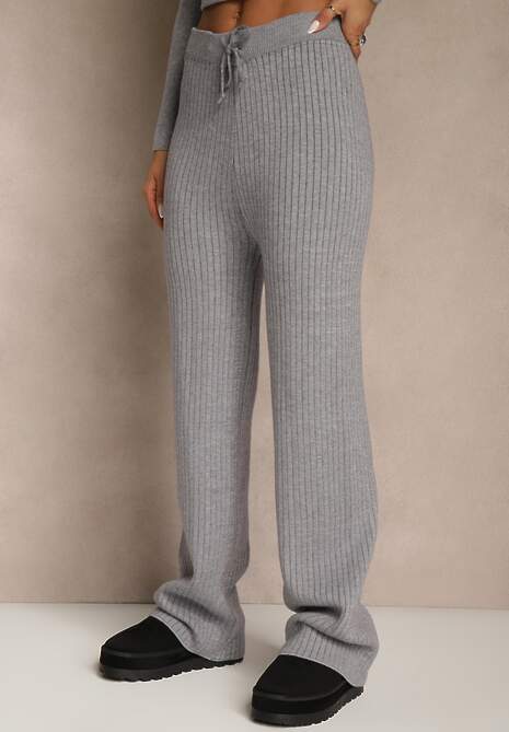 Szare Szerokie Spodnie z Wełną High Waist z Prążkowanego Materiału Reinna