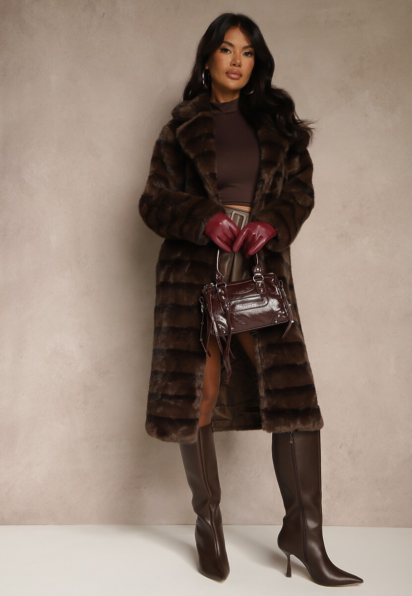 Brązowy Płaszcz Futerko z Dodatkowym Wiązanym Paskiem Alinella