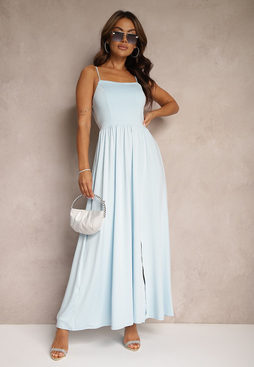 Jasnoniebieska Rozkloszowana Sukienka Maxi na Cienkich Ramiączkach z Rozporkiem Weslyn
