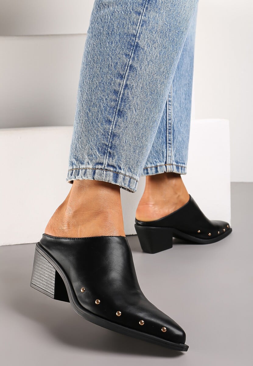 Czarne Klapki Mule w Szpic na Słupku Ozdobione Nitami Esalena