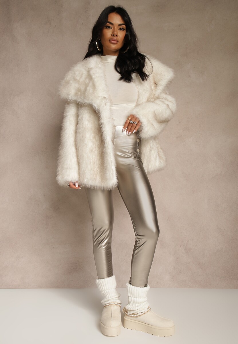 Szampańskie Legginsy High Waist z Imitacji Skóry z Gumką w Pasie Ozdobione Guzikami Sinairis