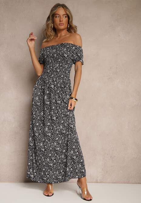 Czarna Kwiatowa Sukienka z Bufiastymi Rękawami Lumorelle