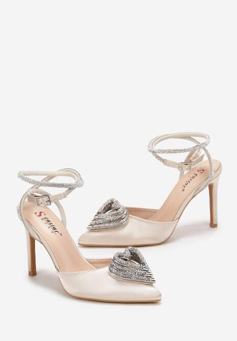 Beżowe Sandały na Szpilce z Motywem Serca z Cyrkoniami Bisrata