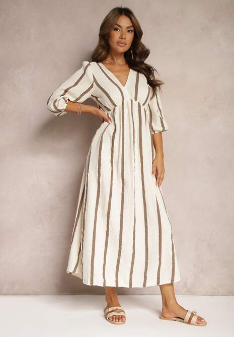 Beżowa Bawełniana Sukienka w Paski o Rozkloszowanym Kroju Legelia