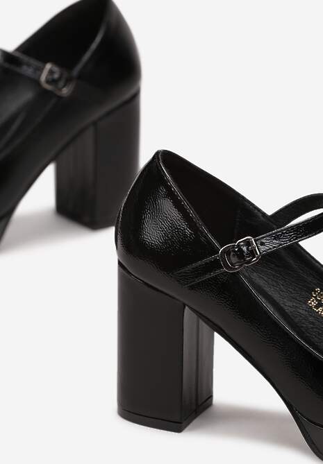 Czarne Czółenka na Słupku i Niskiej Platformie z Paskiem Kemra