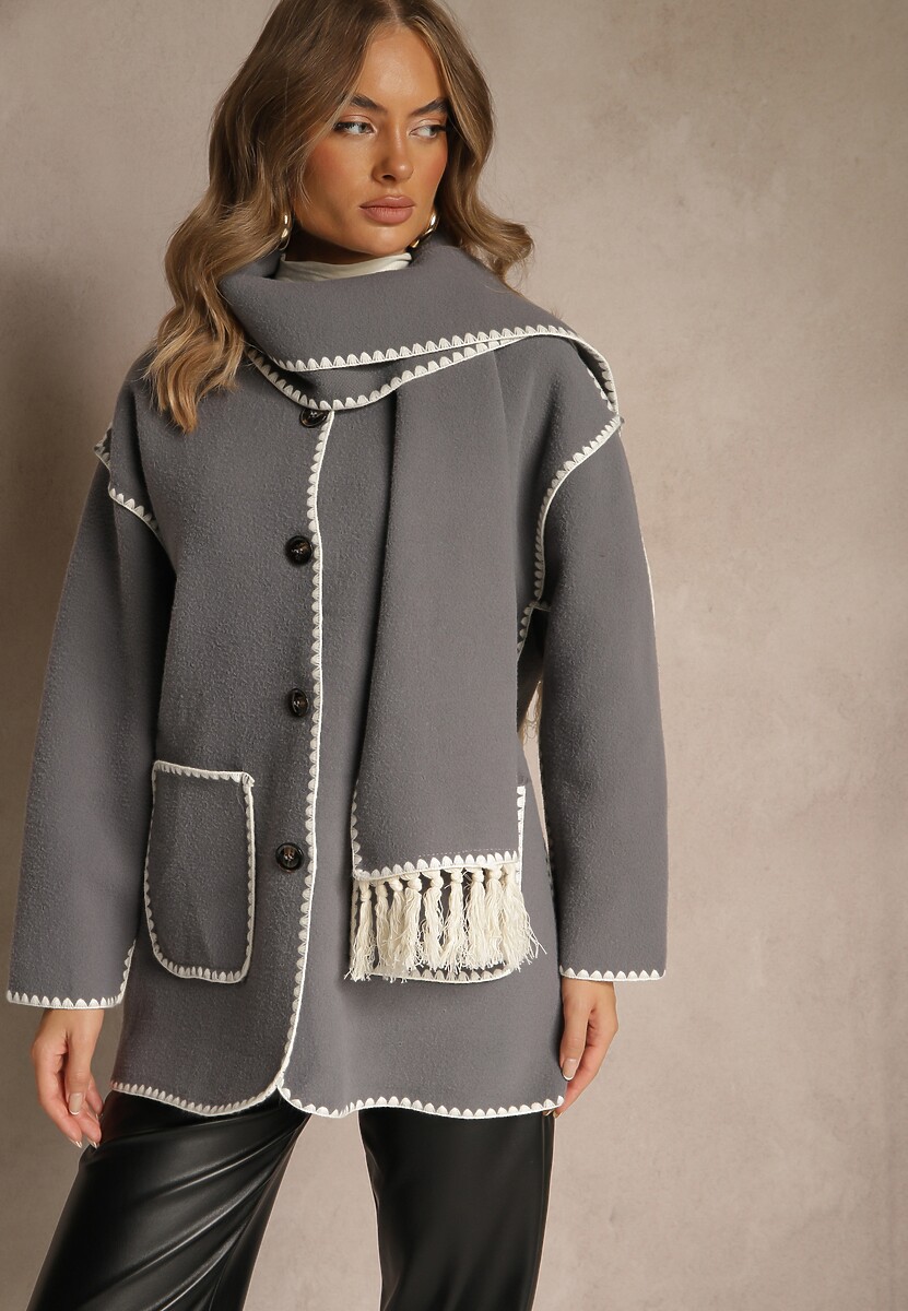 Beżowa Kurtka Oversize z Szalikiem i Ozdobnymi Przeszyciami Claritila