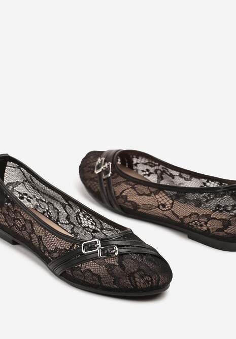 Czarne Koronkowe Balerinki z Ozdobnymi Paskami ze Sprzączkami Ajerla