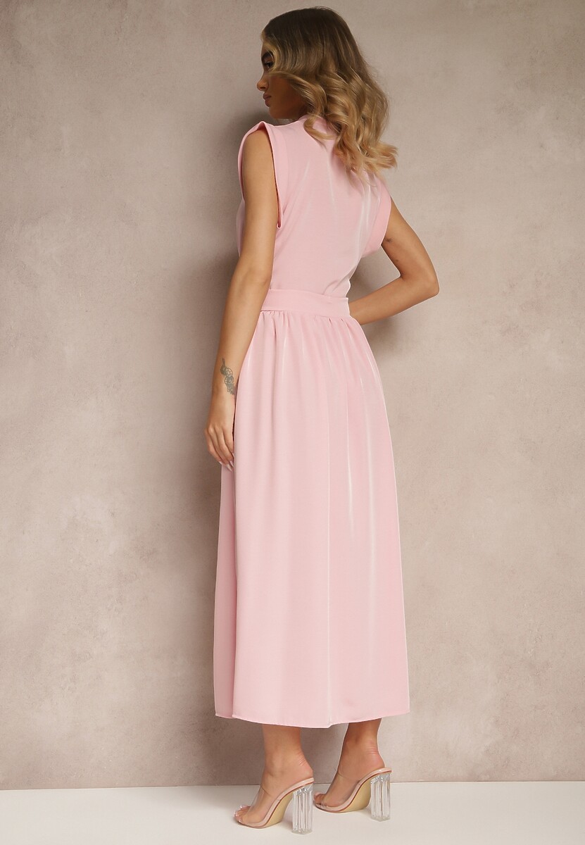 Różowa Sukienka z Paskiem Koszulowa o Rozkloszowanym Fasonie Mavoselle