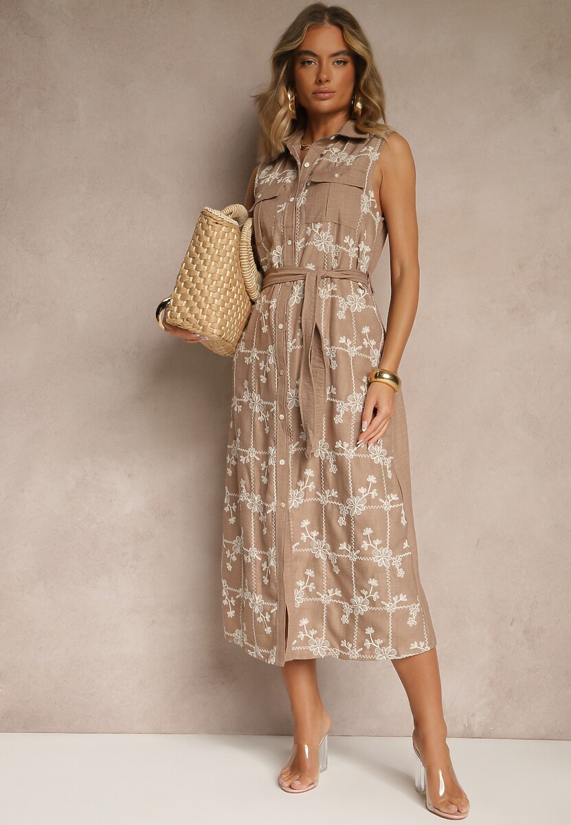 Ciemnobeżowa Sukienka Koszulowa z Wiązanym Paskiem i Haftowanym Zdobieniem Malenea