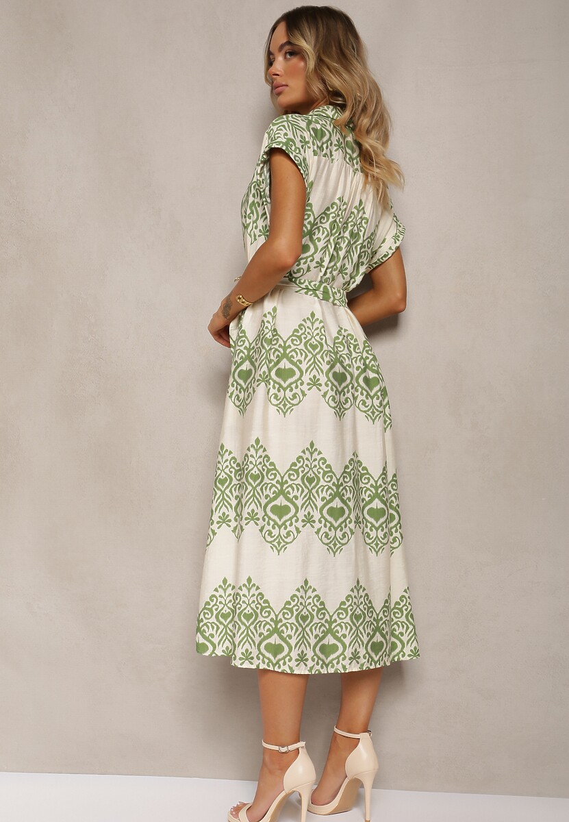 Zielono-Beżowa Sukienka Boho na Guziki z Wiskozą Ozdobiona Paskiem Mosofia