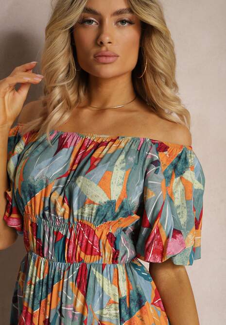 Zielono-Różowa Sukienka z Wiskozy z Gumką w Talii Ozdobiona Bufiastymi Rękawami Kiozara