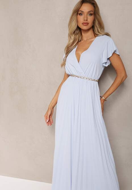 Jasnoniebieska Plisowana Sukienka Maxi o Rozkloszowanym Kroju z Kopertowym Dekoltem Ofilva