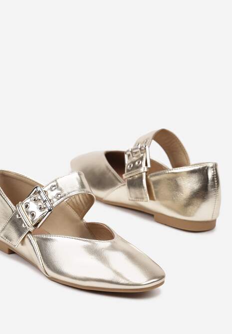 Złote Balerinki Ozdobione Paskiem i Sprzączką Berimida