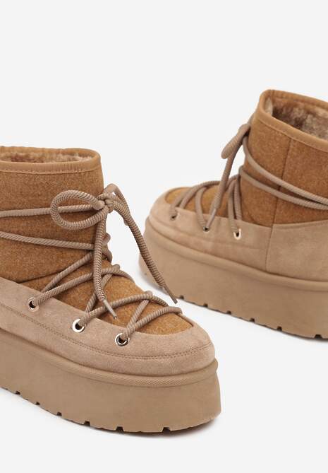 Ciemnobeżowe Śniegowce na Platformie ze Sznurowaniem Werilina