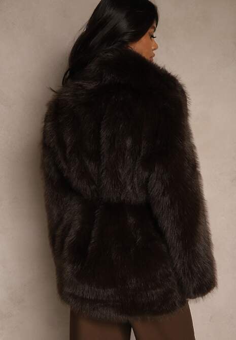 Brązowa Klasyczna Kurtka Futerko z Wąskim Wiązanym Paskiem w Talii Casfitta