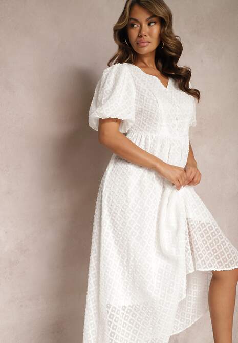 Biała Rozkloszowana Sukienka Haftowana Maxi z Krótkim Rękawem Garneta