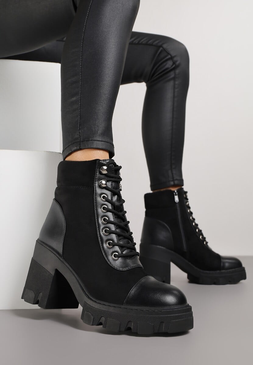 Czarne Botki na Obcasie z Platformą Ozdobione Wstawkami Ezilda