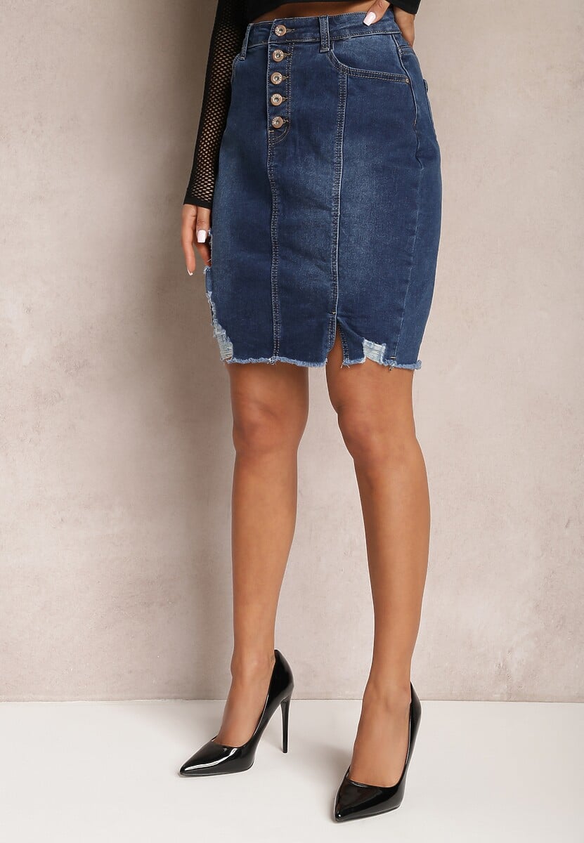 Niebieska Jeansowa Spódnica Mini z Guzikami Karandi