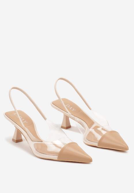 Beżowe Sandały z Imitacji Skóry na Obcasie Typu Kaczuszka z Przezroczystymi Elementami Gravia