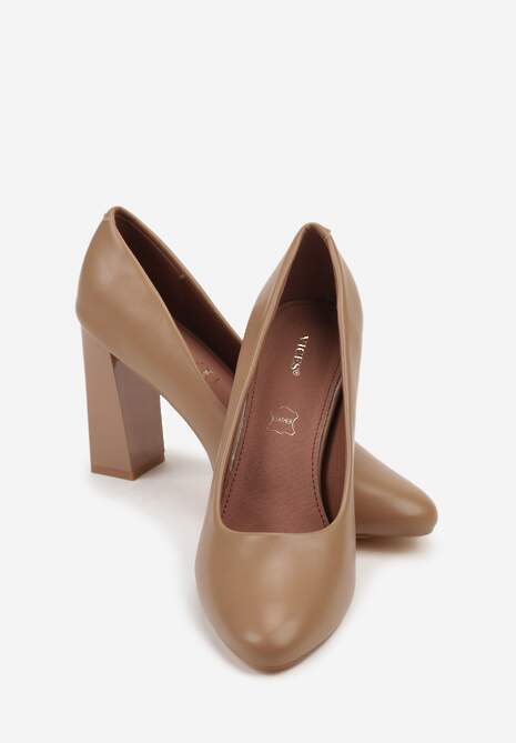 Ciemnobeżowe Czółenka Vices na Słupku Klocku ze Skórzaną Wkładką  Esmela