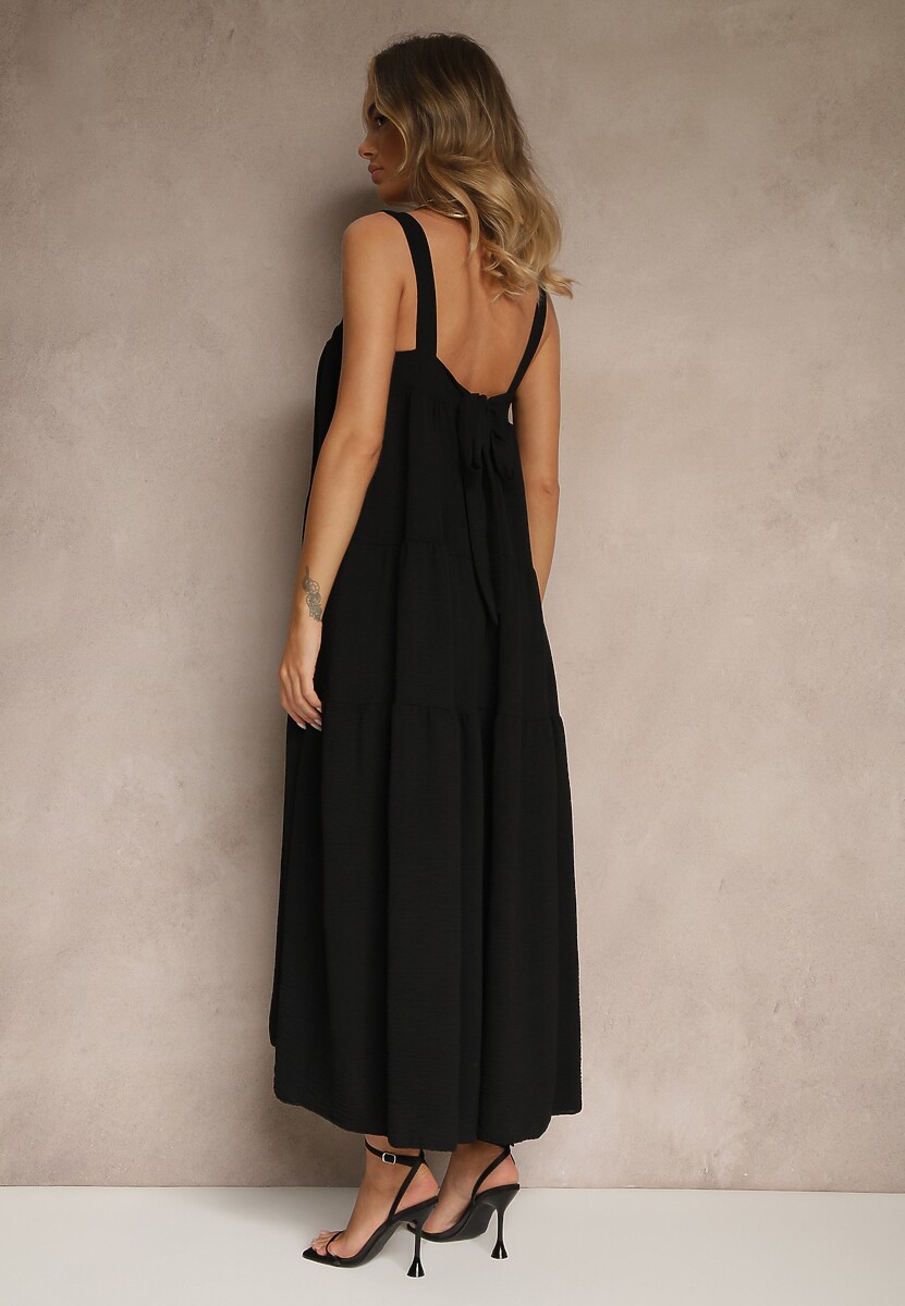 Czarna Rozkloszowana Sukienka Ozdobiona Wiązaniem na Plecach Saviande