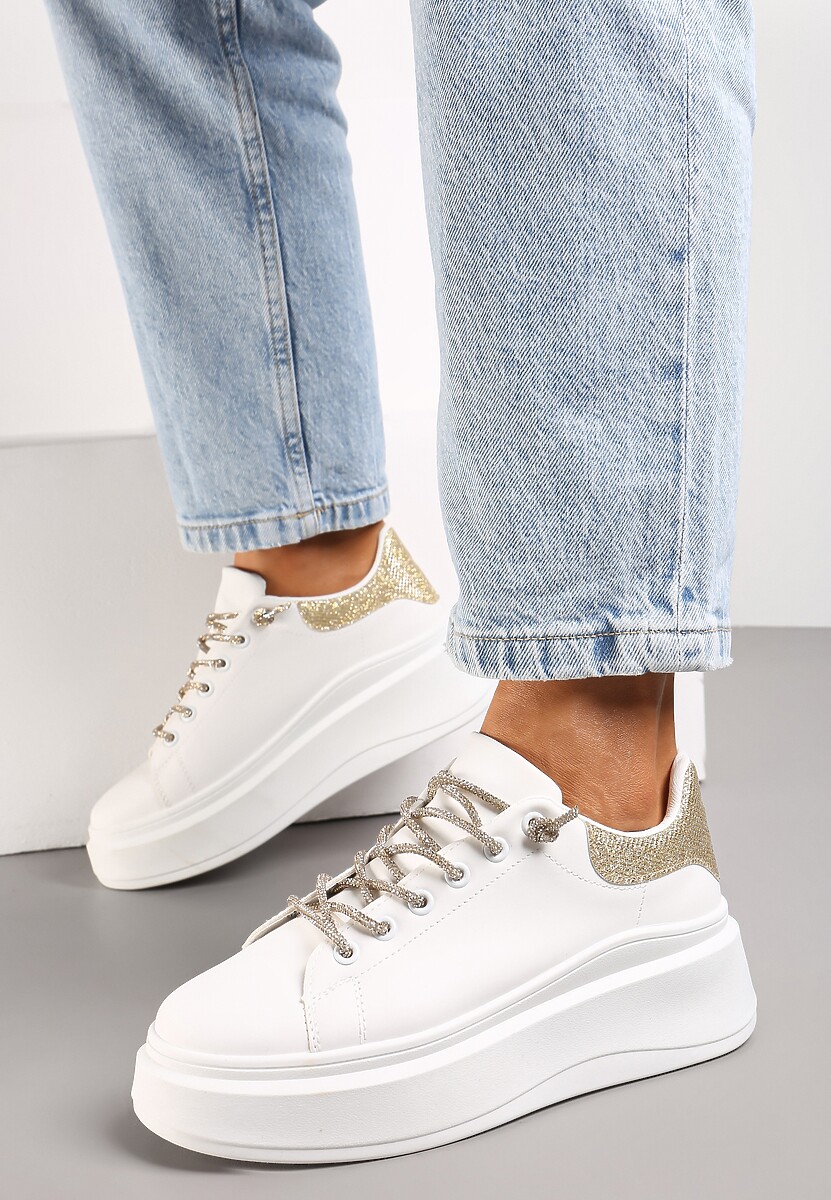 Biało-Złote Sneakersy z Cyrkoniami na Sznurowadłach i Brokatem Terisla