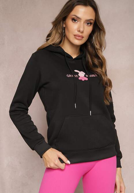 Czarna Ocieplona Bluza z Kapturem Ozdobiona Naszywką i Napisem Eirellia