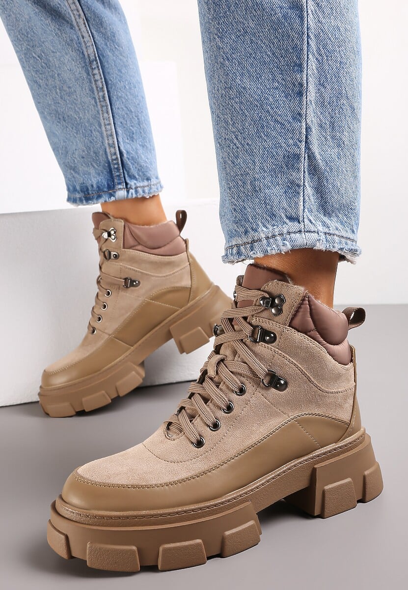 Ciemnobeżowe Traperki na Masywnej Podeszwie w Stylu Workerów Vodre